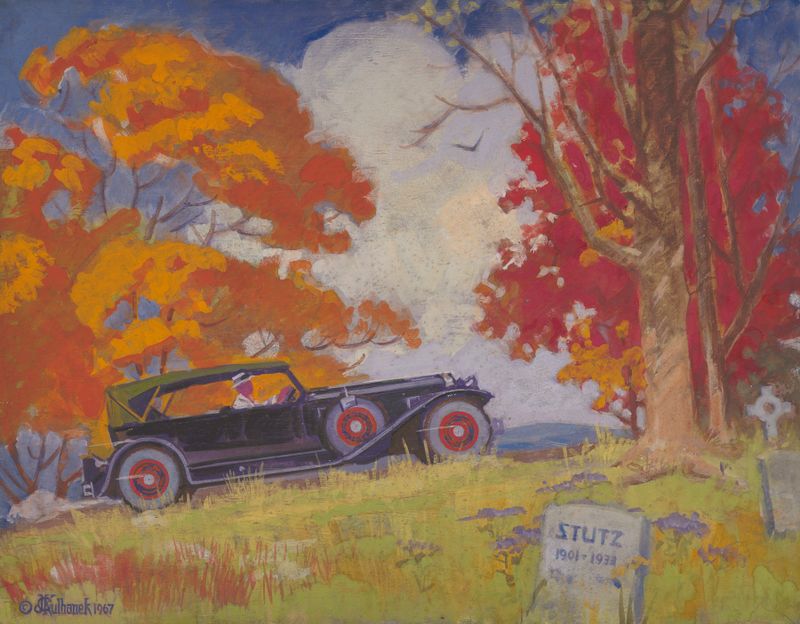 Stutz Last Run by James C. Kulhanek, oil on canvas depicting vibrant colors and shadows.