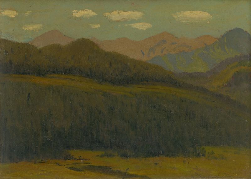 Paisagem de Ferdinand Katona, impressionismo, retratando um lago tranquilo e colinas.