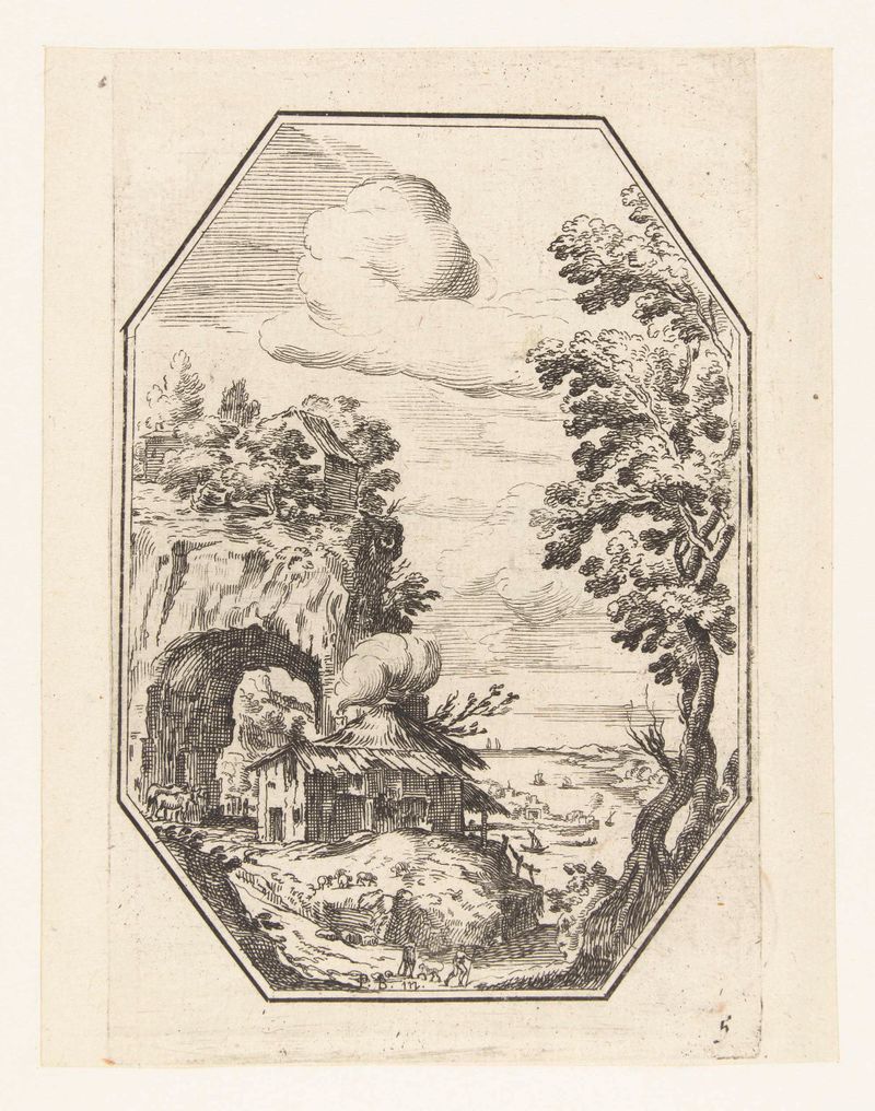 Paisagem com uma fazenda em uma moldura octagonal, gravura de Unknown Artist