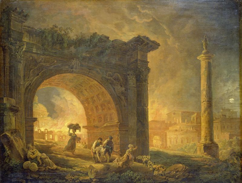 Ruínas Romanas óleo de Hubert Robert com estruturas em ruínas e folhagem exuberante.