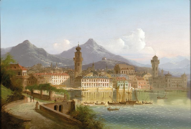 Riva no Lago de Garda de Johann Wilhelm Jankowsky, óleo sobre tela mostrando águas serenas e colinas distantes