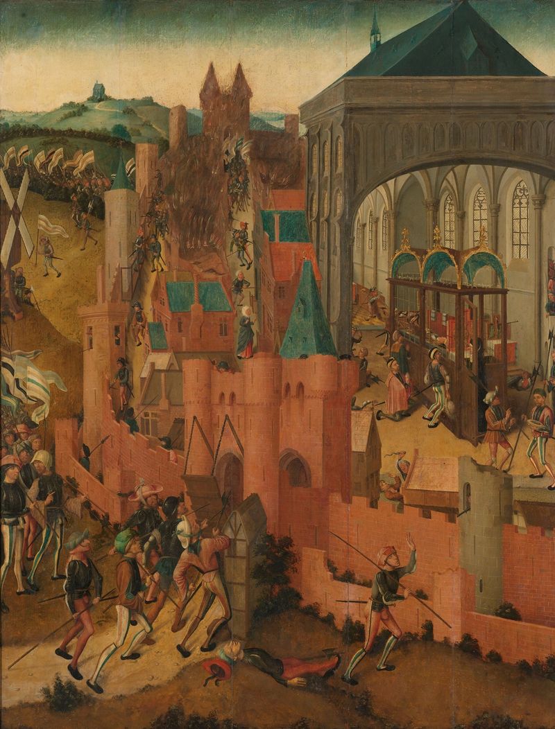 O Cerco de Rhenen, têmpera sobre painel por Mestre de Rhenen, retratando fortificações e uma paisagem histórica.