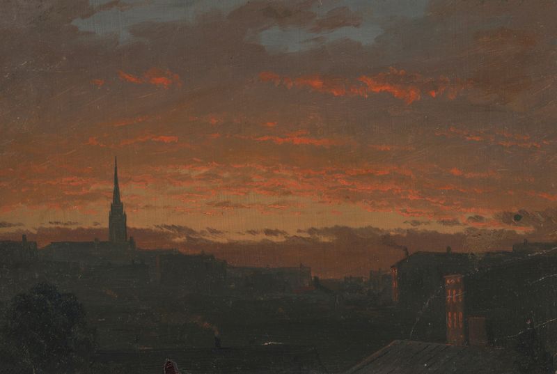 Sunset at Hudson, New York de Frederic Edwin Church, óleo que muestra un vibrante atardecer sobre un río.