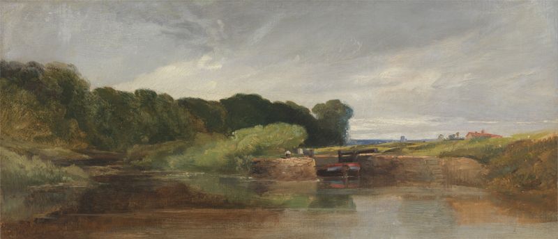 Hanham Lock on the Avon, oil on canvas by William James Müller, depicting a tranquil river landscape.