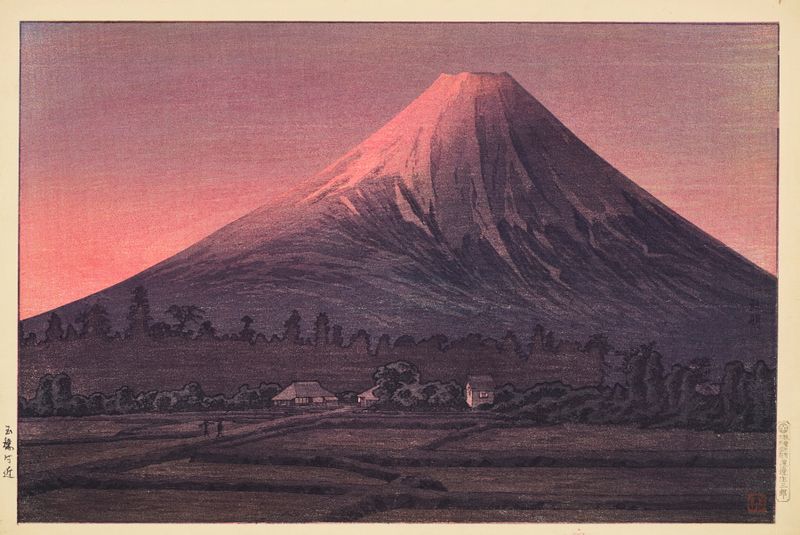 Ukiyo-e by Takahashi Hiroaki depicting Mount Fuji at twilight