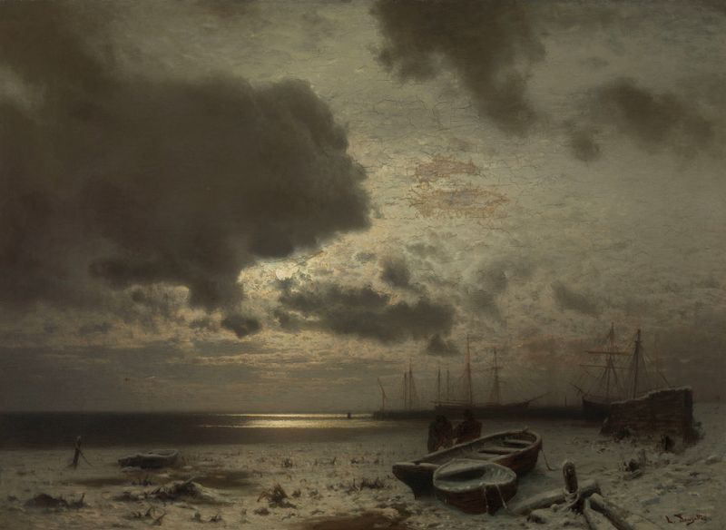 Moonlight in Winter by Louis Douzette, oil painting of a winter landscape illuminated by moonlight
