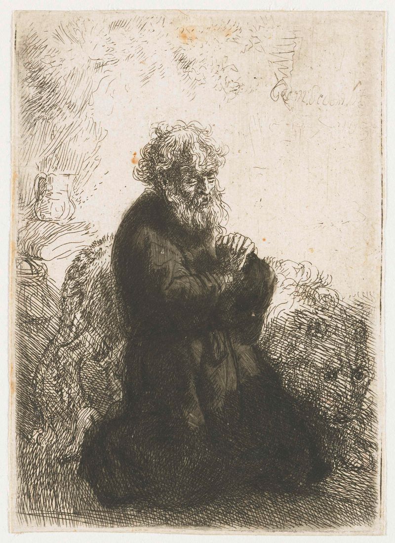 San Jerónimo arrodillado en oración, grabado de Rembrandt van Rijn