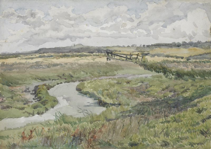 Landscape with stream by Mark Fisher, oil painting featuring flowing water and lush foliage.