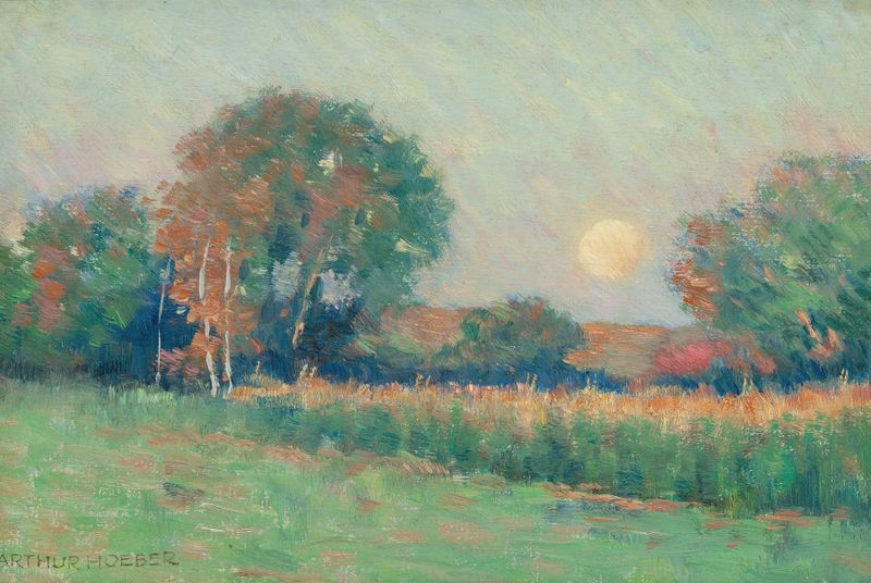 Verano Paisaje al Atardecer de Arthur Hoeber, impresionismo, representando árboles y un atardecer.