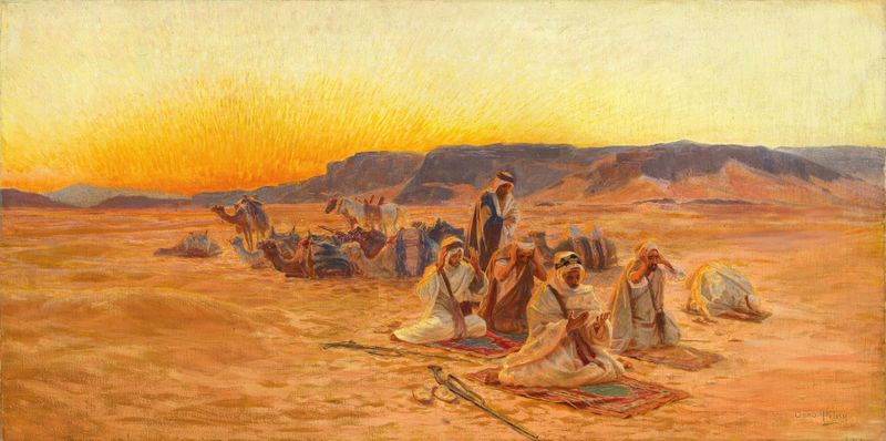Pintura al óleo de Otto Pilny que representa una figura en oración con drapeado fluido.