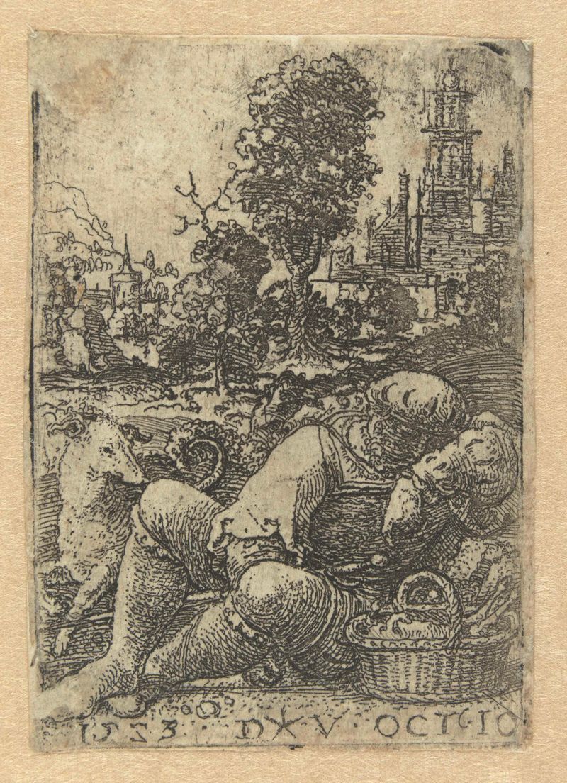 Gravura de Dirck Vellert representando um homem adormecido cercado por tecido e luz suave