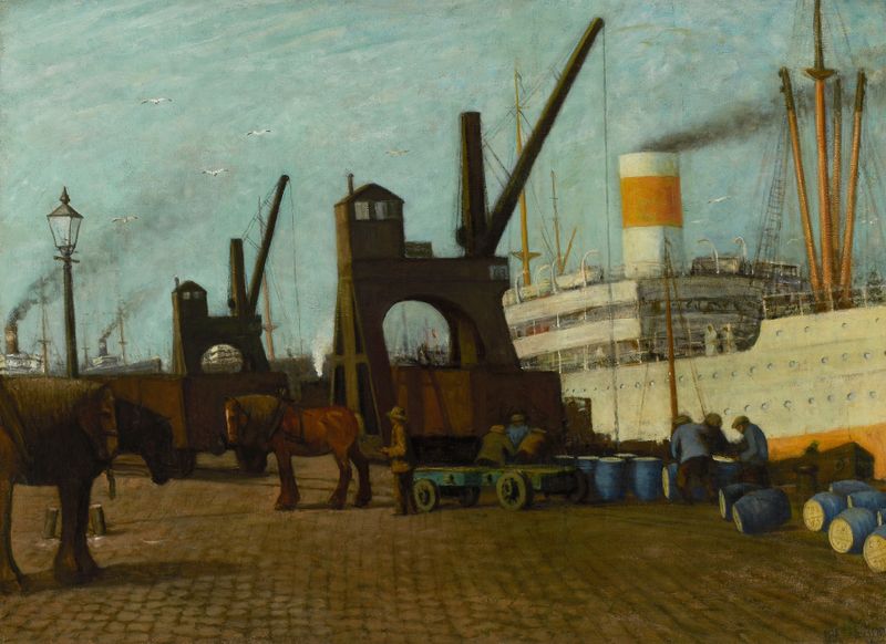 Genre scene depicting figures and boats at twilight, oil painting by W. Aerts