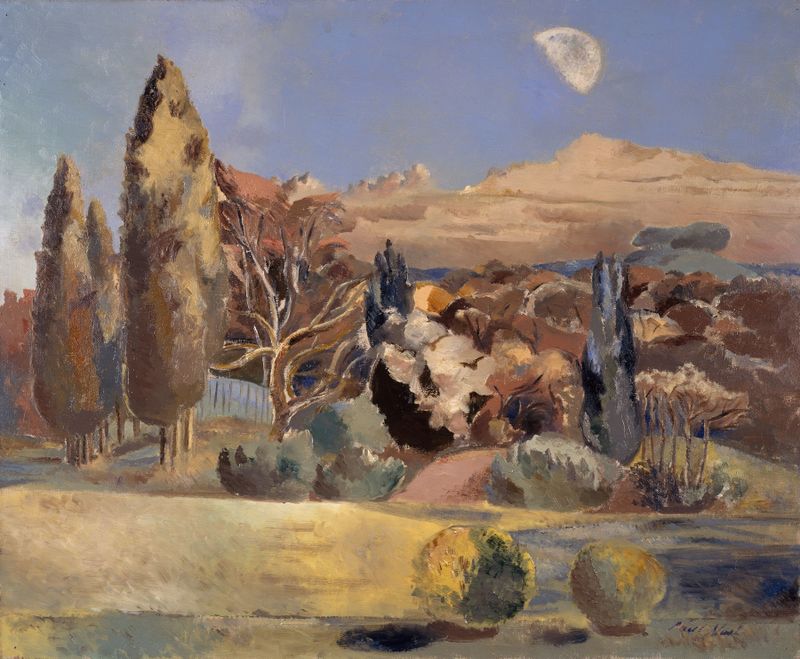 Landscape of the Moon’s First Quarter by Paul Nash, surrealism, depicting a crescent moon over a landscape.