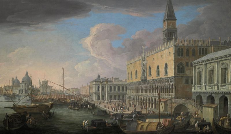 View of the Molo, Venice, looking West by Luca Carlevarijs, oil painting