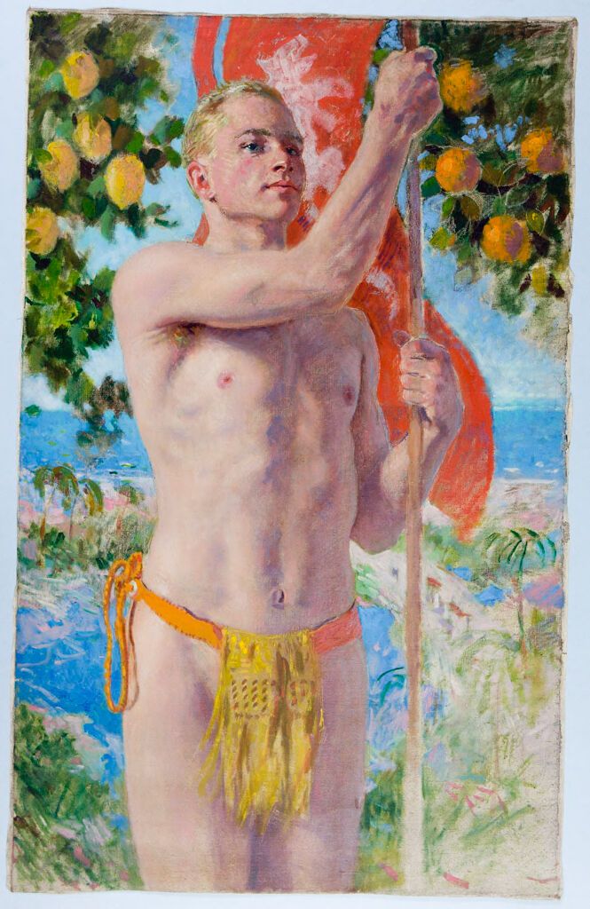 Retrato de un joven de pie con naranjas y limones, pintura al óleo de Denman Waldo Ross