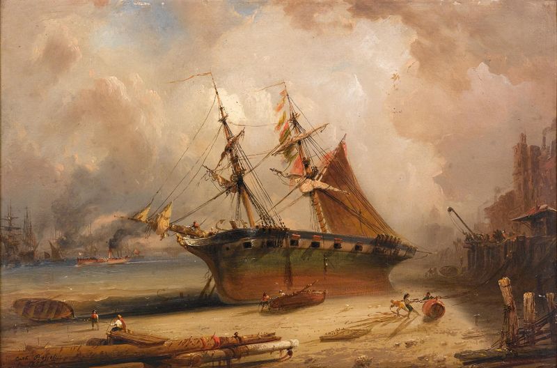 Landscape of the Thames at sunset, oil painting by Carlo Bossoli