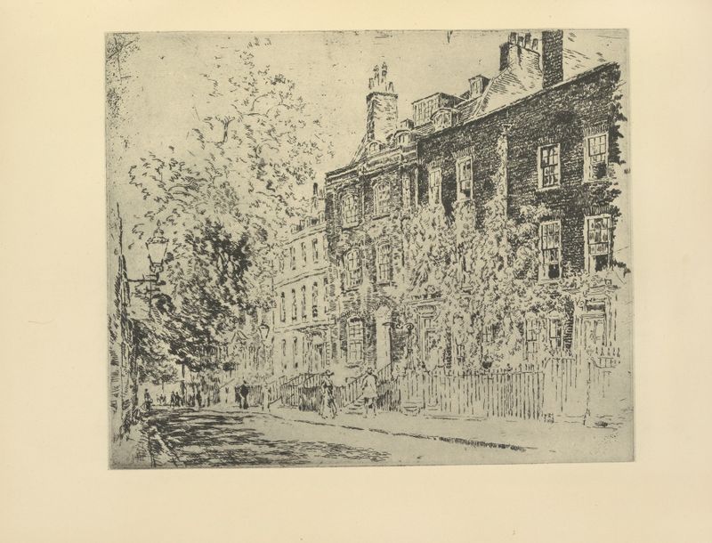 Pintura figurativa a óleo de Joseph Pennell, retratando uma figura solitária em uma rua da cidade.