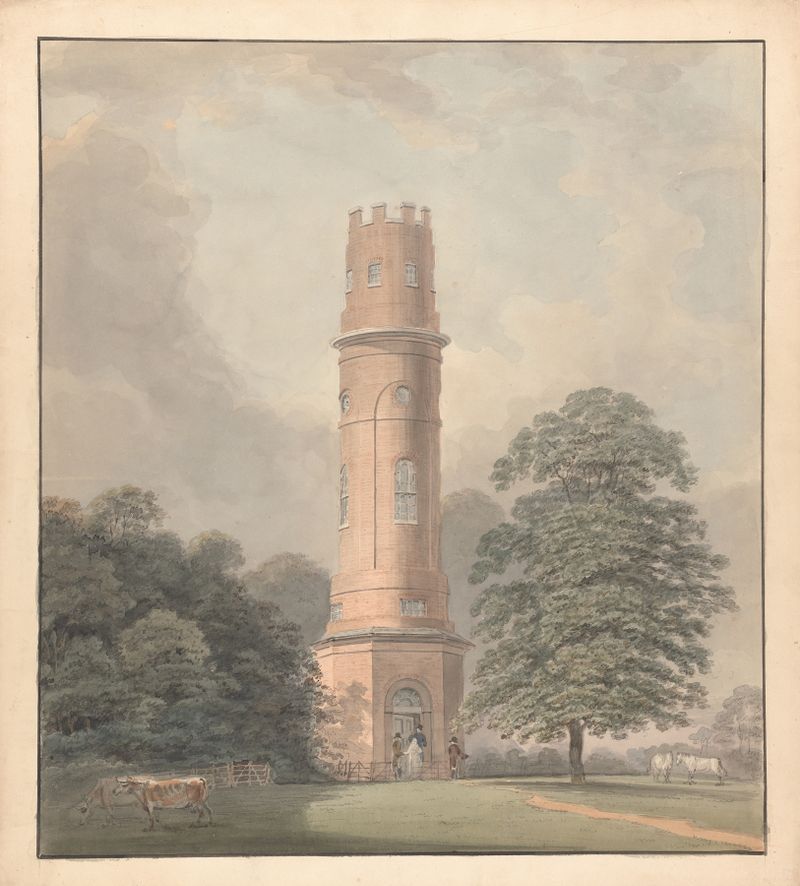 An Observation Tower de Samuel Davis, Romanticismo, representando una torre alta contra un cielo apagado.