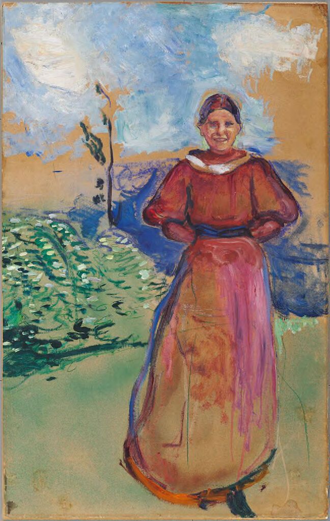 Retrato de uma mulher em um vestido vermelho por Edvard Munch, pintura a óleo