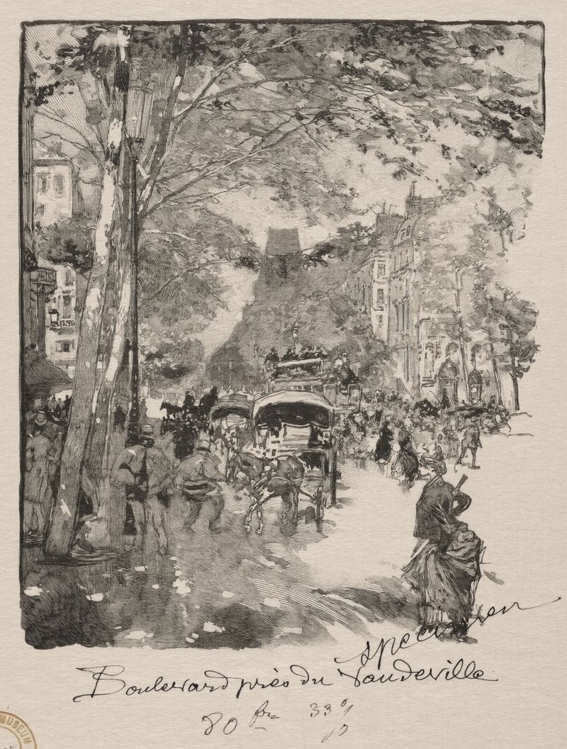 Gravura de Auguste Louis Lepère mostrando uma cena de rua movimentada em Paris