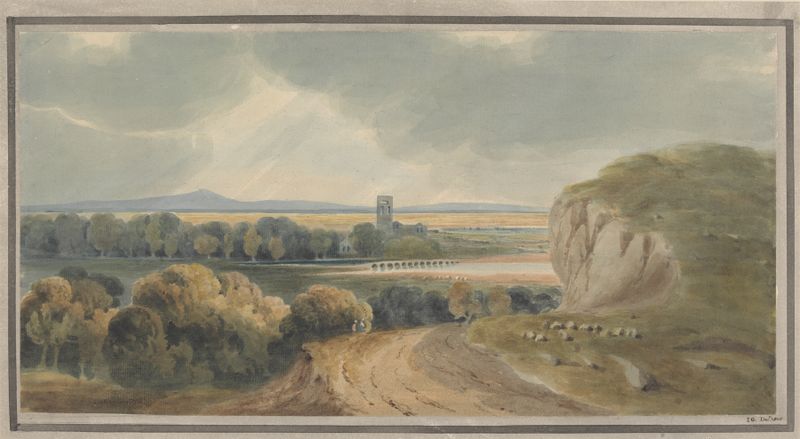 Landscape with an Abbey de Jonathan Girtin, pintura a óleo mostrando ruínas e natureza.