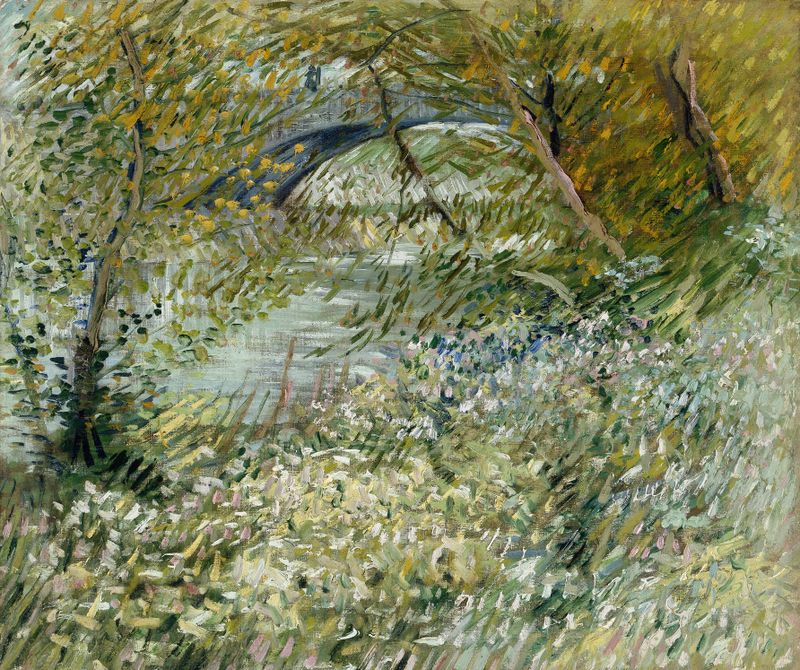 River Bank in Springtime, óleo sobre tela de Vincent van Gogh, retratando uma margem exuberante sob um céu claro.