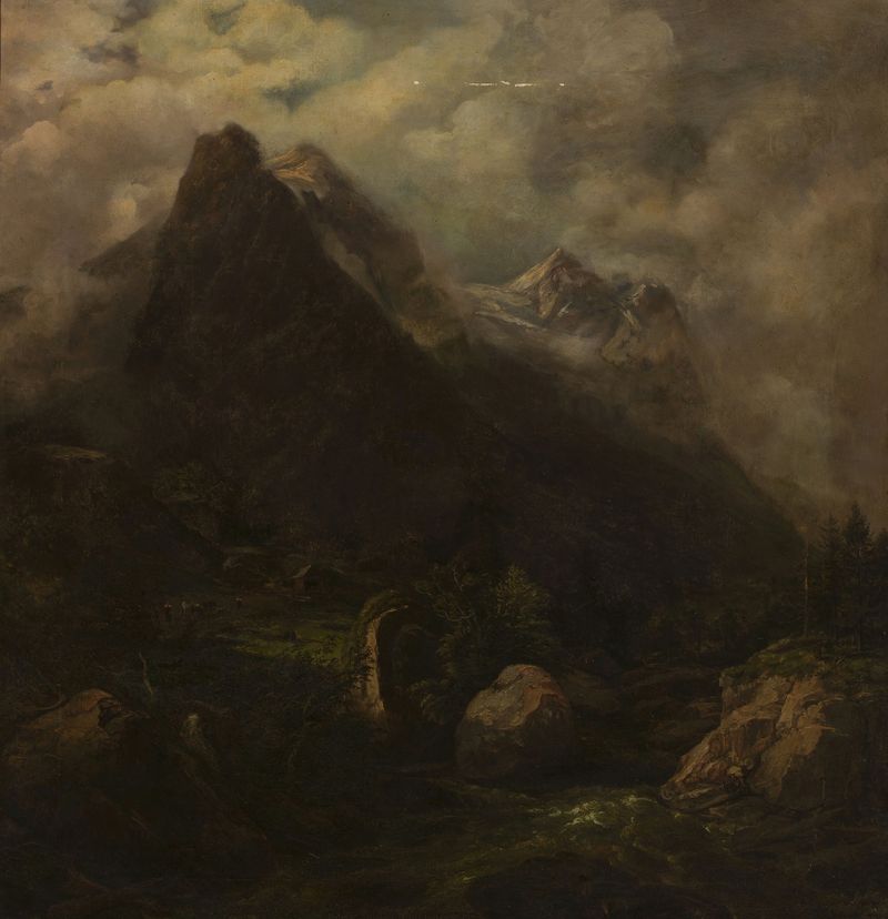 Mountain landscape by Carl Wagner, oil on canvas, depicting lush greenery and mountains.
