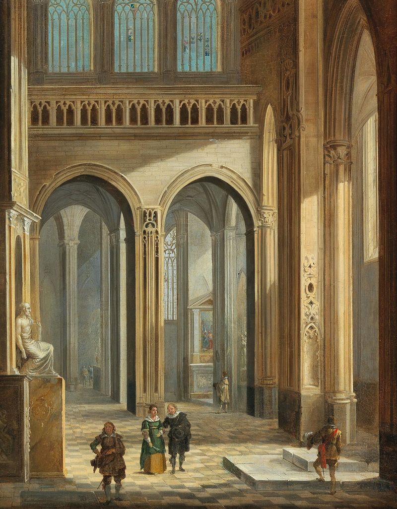 Interior scene with figures in seventeenth-century costume, oil on canvas by Johann Ludwig Ernst Morgenstern.