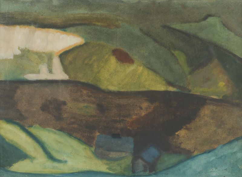 Fishing Cottages by the River, oil on canvas by Helmer Osslund, showing rustic cottages by a river.