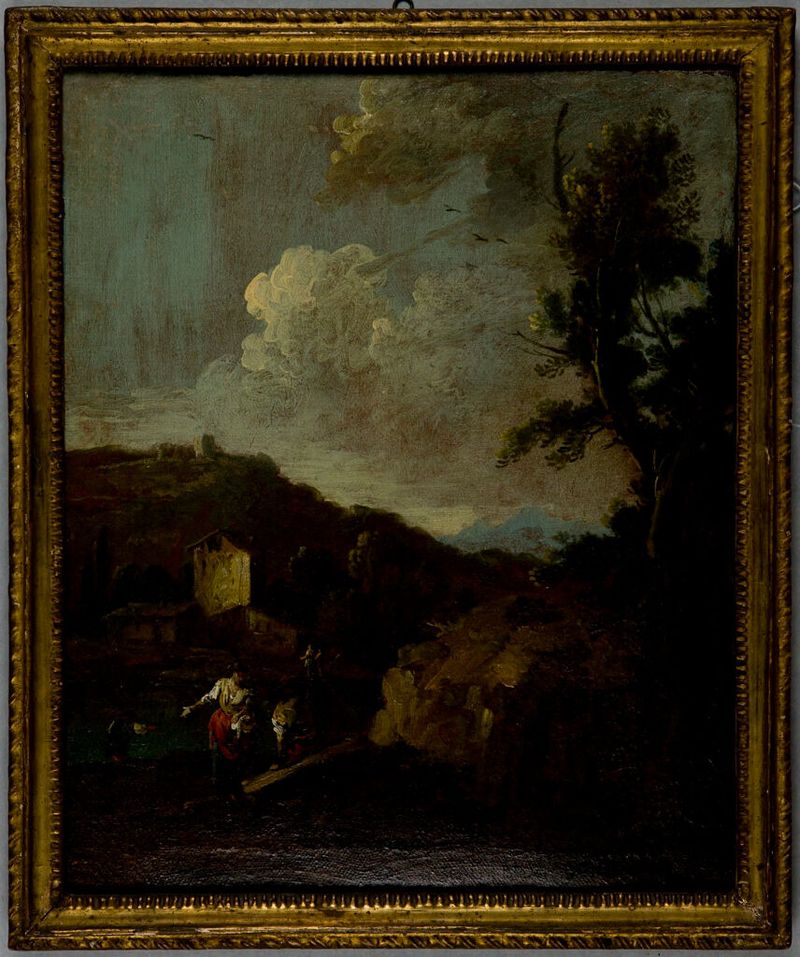 Landscape with Figures by Giuseppe Zais, oil on canvas showing trees and figures in a serene landscape.