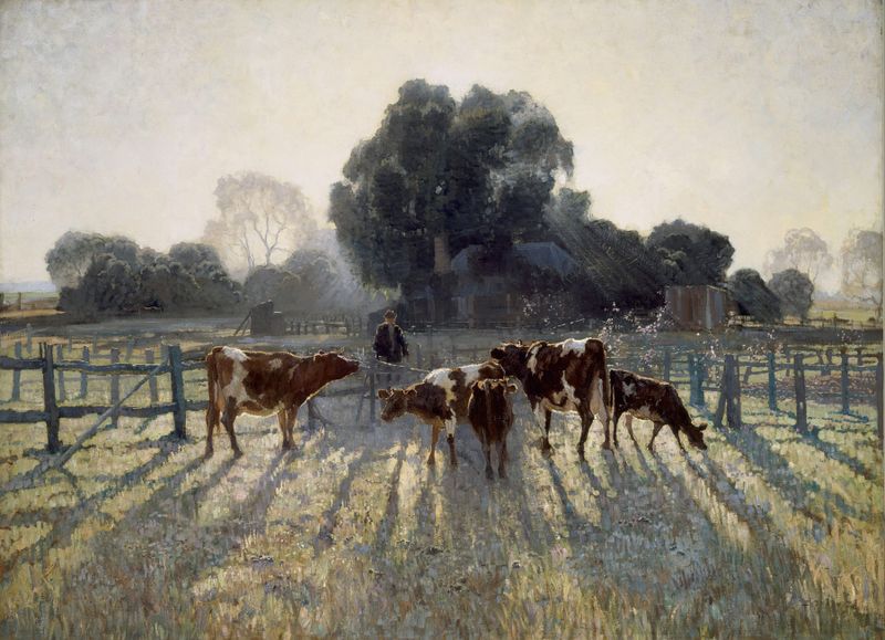 Spring Frost by Elioth Gruner, oil on canvas depicting frost on foliage with a sunrise.
