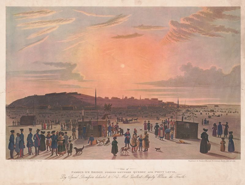 Óleo sobre tela de James Pattison Cockburn retratando uma ponte de gelo sobre um rio no inverno.