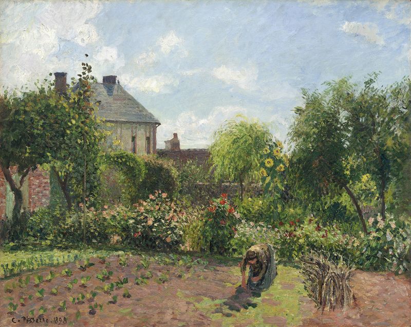 The Artist’s Garden at Eragny, oil on canvas by Camille Pissarro, featuring a woman tending to flowers.