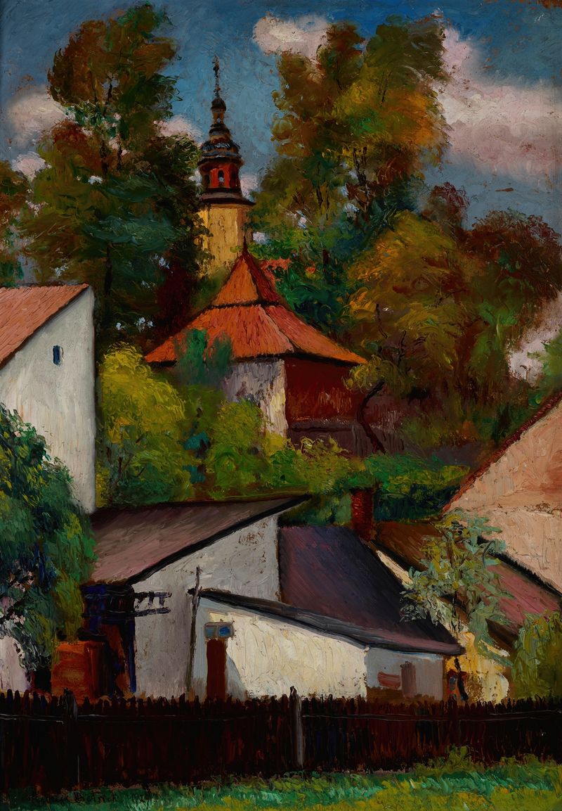 Houses and the Church at the Salwator Hill in Krakow, oil painting by Henryk Dietrich