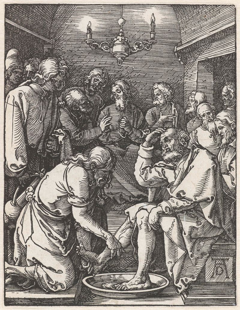 Grabado religioso de Albrecht Dürer que representa el lavado de pies en papel