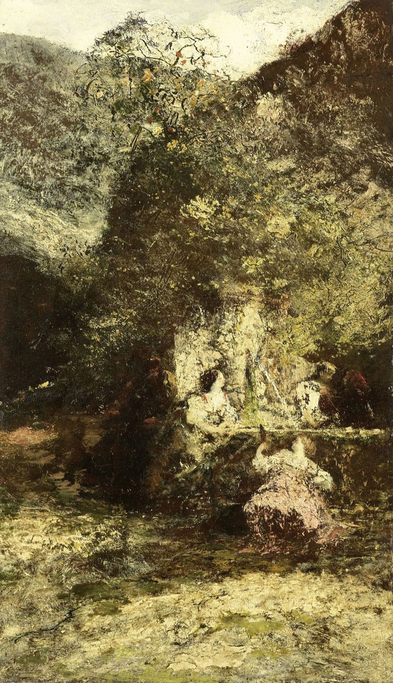 Figures near a Fountain, óleo sobre lienzo de Adolphe Monticelli, con figuras en un entorno tranquilo.