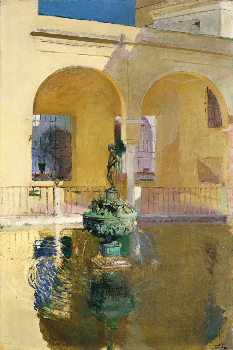 Estanque De Charles V, Alcázar, Seville by Joaquín Sorolla, oil on canvas depicting a tranquil garden pond.