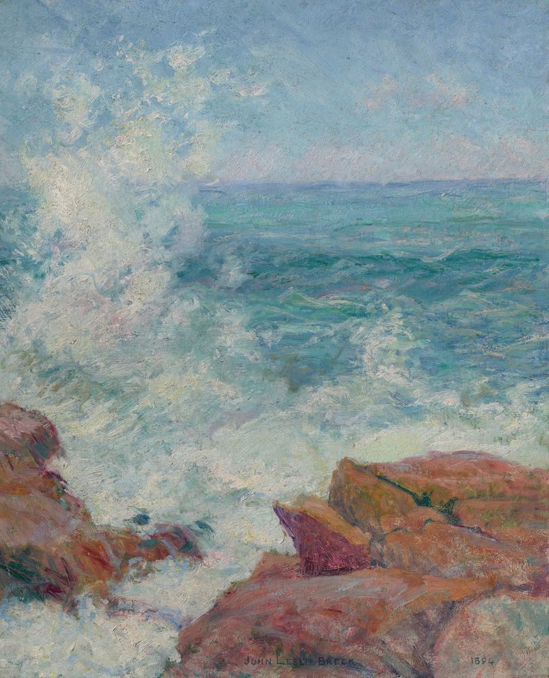 Surf at Gloucester by John Leslie Breck, oil on canvas depicting crashing waves and rocky shore
