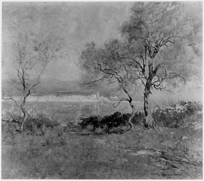 Springtime, Antibes by William Lamb Picknell, oil on canvas depicting a serene landscape with greenery.
