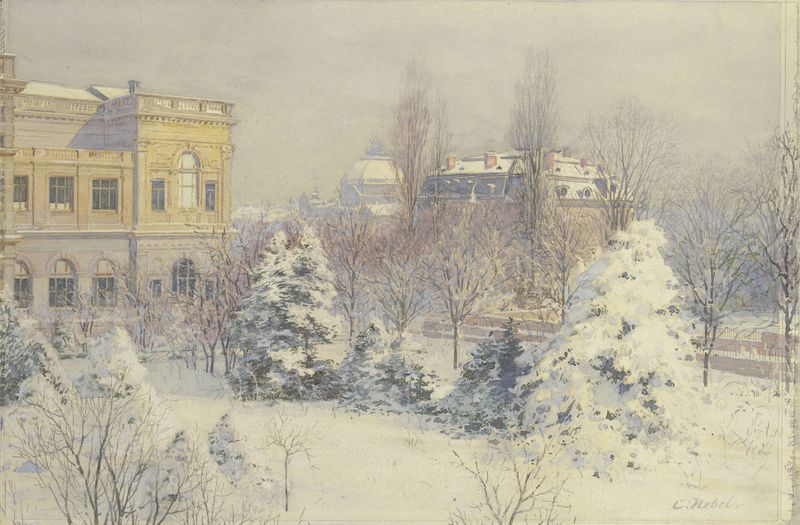 Paisaje invernal con Städelsche Kunstinstitut, óleo sobre lienzo de Carl Nebel