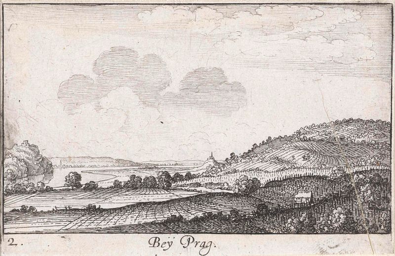 Gravura de Wenceslaus Hollar retratando uma paisagem serena com colinas e flores silvestres
