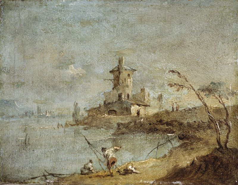 Paisagem rococó com uma torre e um rio de Francesco Guardi