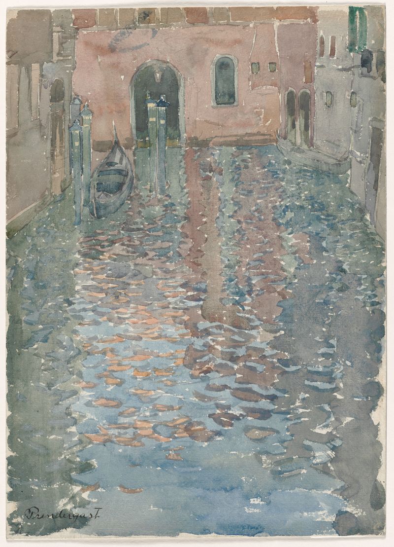Canales de Venecia de Maurice Prendergast, acuarela sobre papel que representa góndolas y vías fluviales vibrantes.
