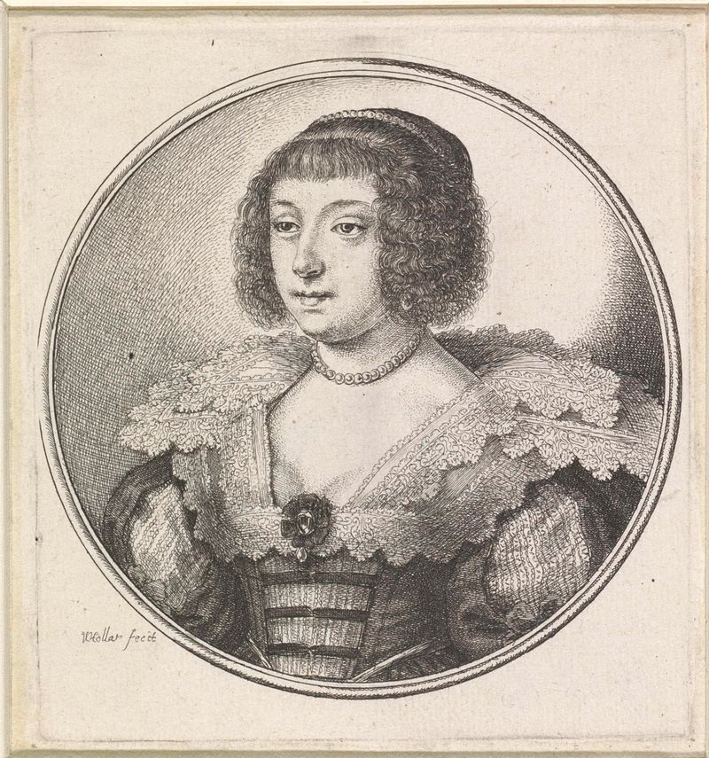 Grabado de Wenceslaus Hollar de una mujer con un collar de encaje y perlas