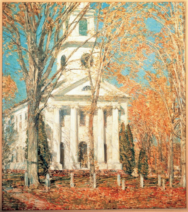 Church at Old Lyme, Connecticut de Childe Hassam, pintura a óleo de uma igreja cercada por vegetação