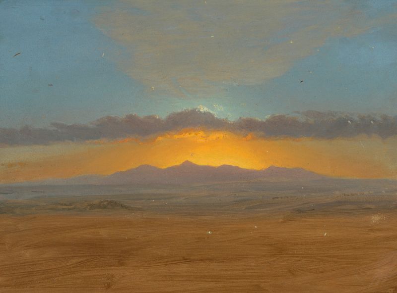 Sunset de Frederic Edwin Church, pintura a óleo que retrata uma paisagem crepuscular vibrante.