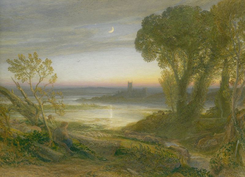 Paisagem crepuscular com sombras e árvores, óleo sobre tela de Samuel Palmer