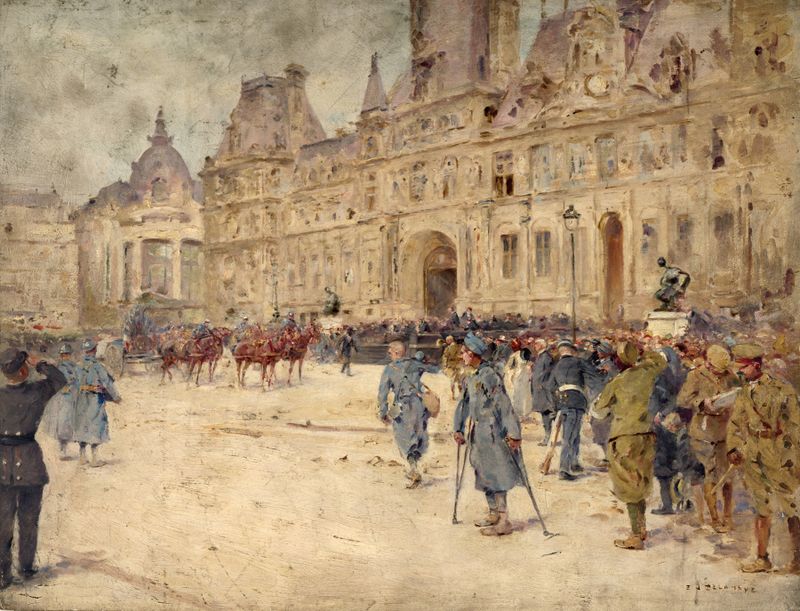 Oil painting by Ernest Jean delahaye depicting veterans at a funeral in a city square.