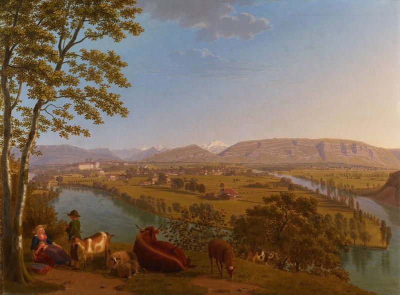 Pintura al óleo de paisaje de Johann Jakob Biedermann que muestra la confluencia de los ríos Ródano y Arve.
