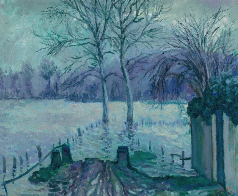 Les Ajoux, Giverny de Theodore Earl Butler, pintura al óleo impresionista que representa un jardín exuberante y reflejos e...